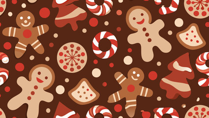 A seamless pattern of gingerbread men cookies, candy canes, and Christmas trees, on a dark brown background.  The gingerbread men are light brown with reddish-brown accents