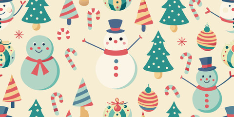 Fototapeta premium A seamless pattern featuring various Christmas-themed elements. The pattern repeats a light beige background. The elements include stylized Christmas trees