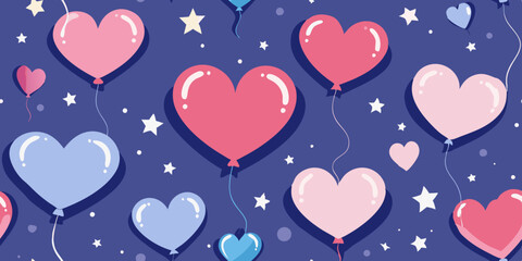 A seamless pattern of heart-shaped balloons in various shades of pink and blue.  The balloons are floating in a night sky, a deep purple-blue background