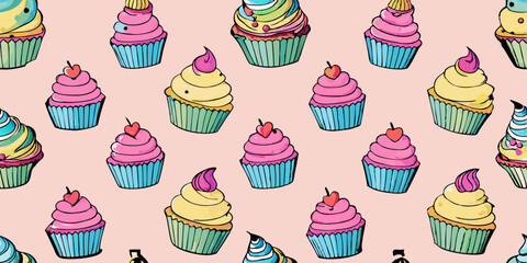 A seamless pattern of various cupcakes.  Each cupcake is depicted with a different colored icing swirl and topping, in shades of pink, yellow