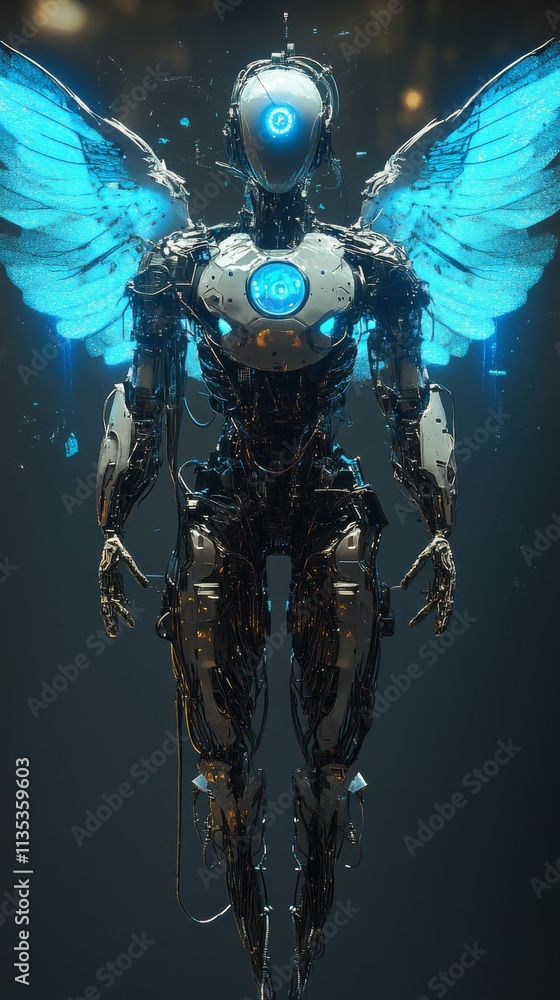 Poster a futuristic robotic figure with glowing blue wings appears to float in a sleek, high-tech setting. 