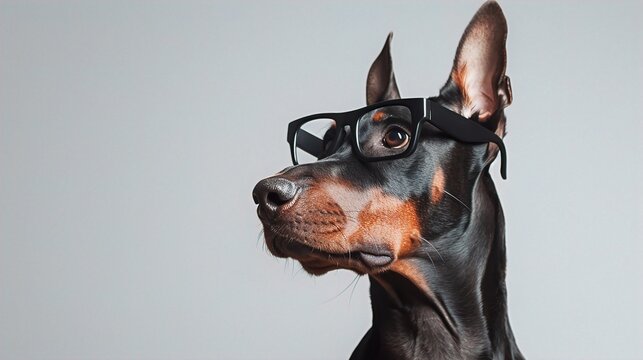 : A sleek Doberman wearing sleek, black rectangular glasses, standing confidently against a solid white background. The glasses give the dog a powerful, commanding presence.