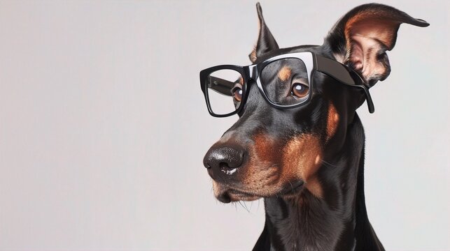 : A sleek Doberman wearing sleek, black rectangular glasses, standing confidently against a solid white background. The glasses give the dog a powerful, commanding presence.