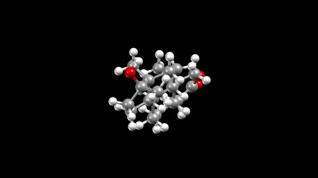 Structure of anabolic steroid oxandrolone. Animated 3D ball-and-stick and spacefill models, black background.