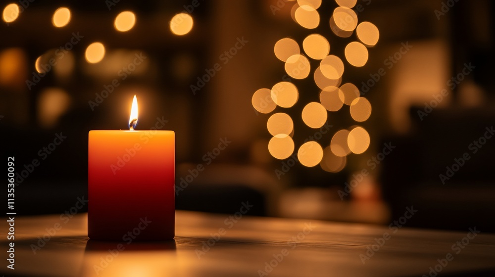 Poster lit candle on table with bokeh lights.