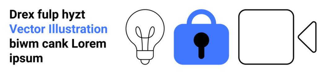 Light bulb icon, blue padlock with keyhole, video camera icon, and sample placeholder text. Ideal for technology, creativity, security, multimedia, education, information, and communication themes