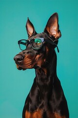 A sleek Doberman with minimalist, black-framed glasses, standing proudly against a solid turquoise background. The glasses give the dog a powerful and commanding presence.