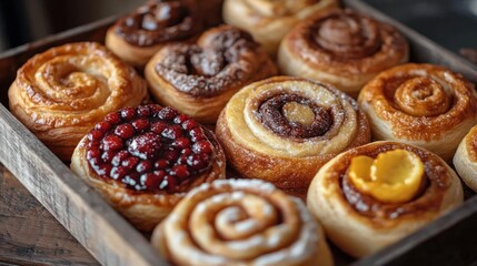 Assorted cinnamon rolls in a wooden crate.