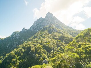 Fototapeta premium Scenic mountain landscape with lush greenery and bright sky.