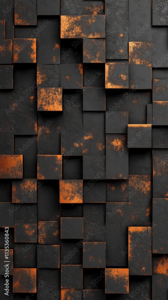 Poster A complex pattern of copper and black cubes in a textured geometric arrangement. The design is rich with industrial character and modern abstract aesthetics.. AI Generation