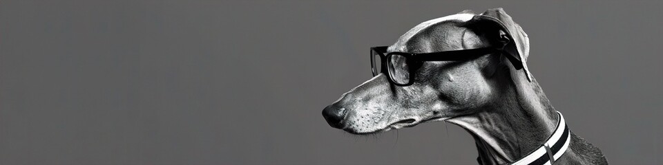 A sleek greyhound with minimalist, black glasses, standing proudly against a solid grey background. The glasses give the dog a powerful and refined appearance.