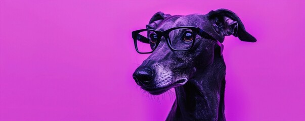 A sleek greyhound with minimalist, black-rimmed glasses, standing proudly against a solid purple background. The glasses give the dog a refined and powerful appearance.