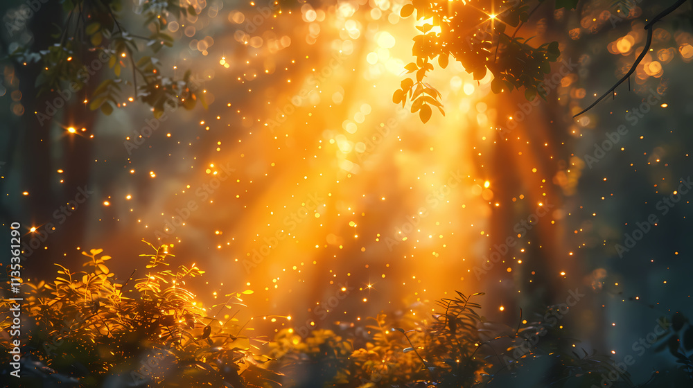 Poster golden hour in the enchanted forest: sunbeams pierce through a mystical forest canopy, illuminating 