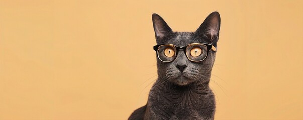 A sleek Russian Blue cat with slender, gold-rimmed glasses, sitting calmly against a solid beige background. The glasses give the cat a poised and intellectual look.