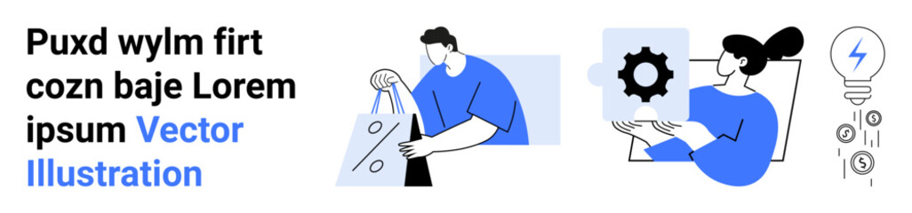 Two individuals engaged in teamwork. One is organizing files, another interacts with a tablet and gear icon. Ideal for teamwork, collaboration, innovation, productivity, technology, organizational