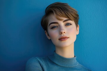 Confident Young Woman with Chic Short Hair in Casual Attire, Exuding Beauty and Coolness Against a Blue Background