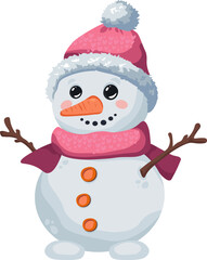 Cheerful cartoon snowman with a pink knitted hat, pink scarf. Winter character.