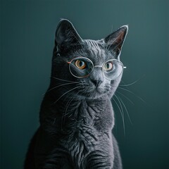 A sleek Russian Blue cat with slender, silver glasses, sitting poised against a solid dark green background. The glasses give the cat an elegant and intellectual appearance.