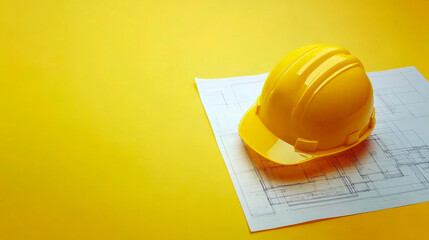 Yellow hard hat on blueprints, yellow background, space for copy