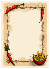 Colorful frame design featuring chili peppers and a bowl of nachos, perfect for food menus or recipes.