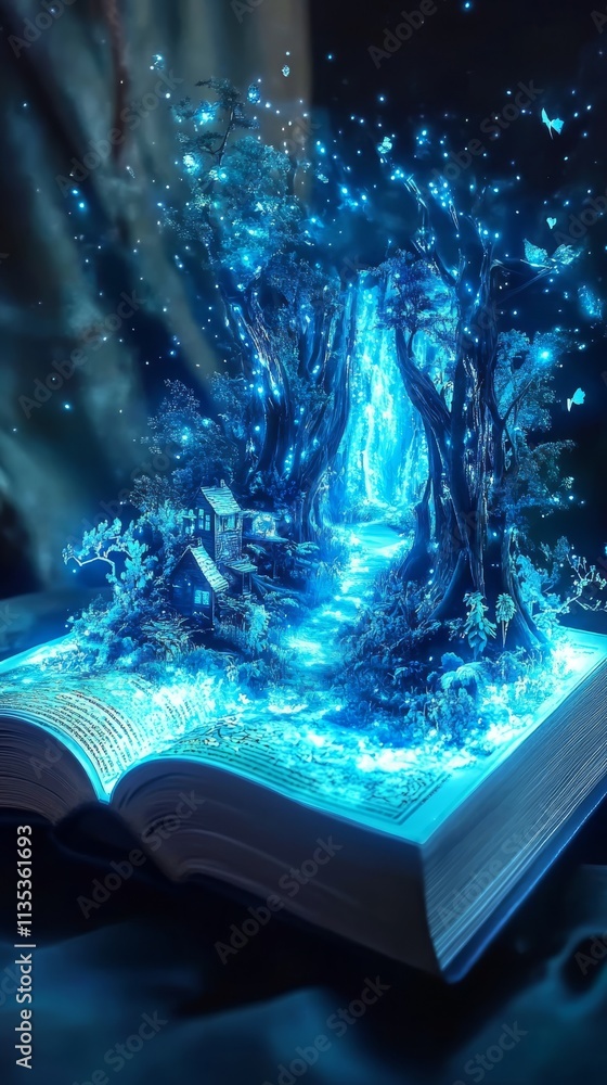 Poster a mesmerizing open book revealing a luminous path winding through glowing trees, creating an enchant