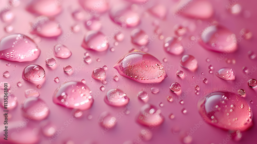Poster pink dewdrops: a delicate array of water droplets, shimmering and glistening on a vibrant pink surfa