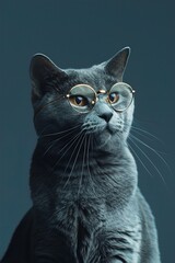 A sleek Russian Blue cat with thin, gold-rimmed glasses, sitting calmly against a solid dark blue background. The glasses give the cat a refined and elegant look.