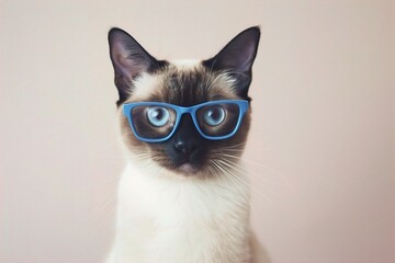 A sleek Siamese cat with minimalistic, blue-framed glasses, sitting elegantly against a solid white background. The glasses give the cat a modern and stylish appearance.
