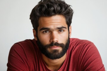 Obraz premium Pensive Hispanic Man with Beard in Casual Tee, Staring Calmly at Camera Against a Simple White Backdrop
