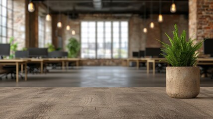 modern industrial office space with plants and lighting