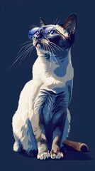 A sleek Siamese cat with slender, silver-framed glasses, sitting elegantly against a solid navy blue background. The glasses give the cat a refined, graceful demeanor.