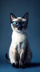 : A sleek Siamese cat with slender, silver-framed glasses, sitting elegantly against a solid navy blue background. The glasses give the cat a refined, graceful demeanor.