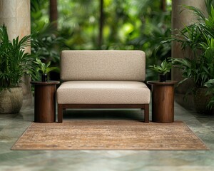 Cozy outdoor lounge area with plush seating and tropical plants