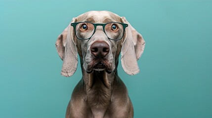 A sleek Weimaraner wearing simple, wire-rimmed glasses, standing proudly against a solid light blue background. The glasses give the dog a calm, intelligent expression.