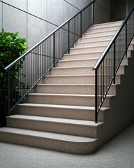 modern staircase with metal railing and greenery