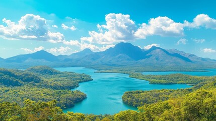 Obraz premium Scenic view of a serene lake surrounded by mountains and lush greenery.