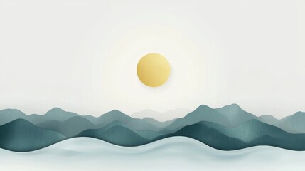 Serene Minimalist Landscape Gold Sun Over Teal Mountains
