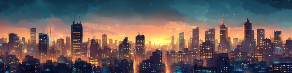 Fototapeta premium Vibrant Urban Landscape: A Dynamic Cityscape Illustration Showcasing Ecological Harmony in an Urban Environment