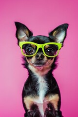 : A small Chihuahua with tiny, green glasses, standing confidently against a solid pink background. The glasses add a playful and quirky touch to the dog???s appearance.