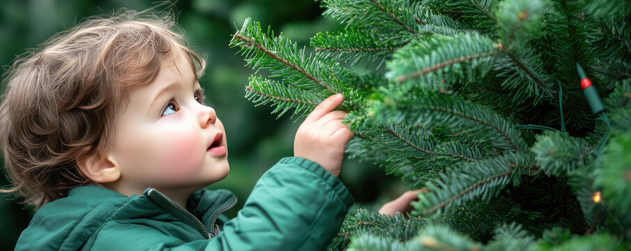 Enthusiastic child looks at a decorated outdoor Christmas tree. Decorating the city for the new year, children event, miracle 