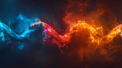 Fiery Flux: Abstract digital art depicting a mesmerizing wave of vibrant blue and fiery orange hues, intertwining and contrasting in a dynamic display of energy and motion.  