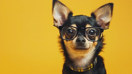 : A small Chihuahua with tiny, wire-framed glasses, sitting with a poised expression against a solid yellow background. The glasses give the dog a sophisticated, sharp look.