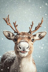 Funny smiling Christmas reindeer portrait on abstract snowy Christmas background with copy space