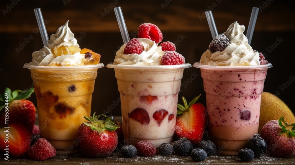 Poster three delightful smoothies featuring berry and peach flavors, topped with whipped cream and surround