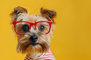 : A small Yorkshire Terrier with tiny, red-rimmed glasses, standing proudly against a solid pastel yellow background. The glasses add a cute and spunky touch to the dog???s look.