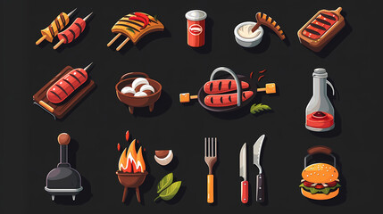 Barbecue Icon Set: A vibrant collection of cartoon-style barbecue icons depicting various grilling essentials, from sizzling sausages to juicy burgers and flavorful sauces.