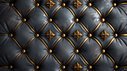 Opulent Upholstery: Luxurious, tufted dark blue leather upholstery with ornate golden accents.  Close-up detailing of classic Chesterfield-style diamond quilting and buttons.