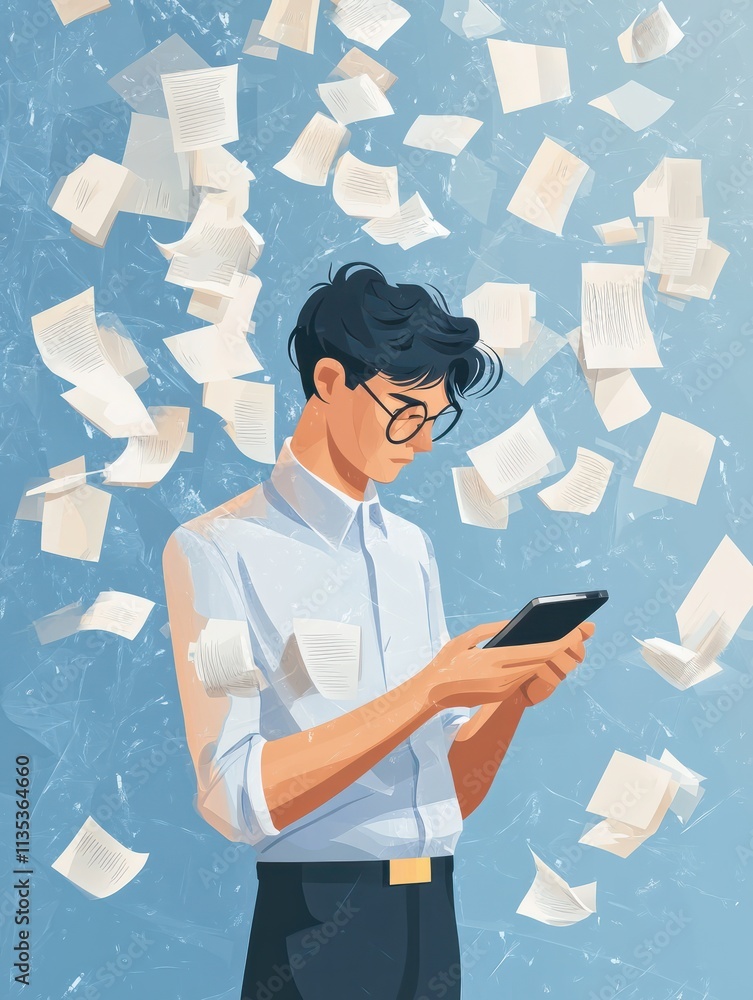 Poster man with smartphone in hand has a lot of of task and paperwork suitable for time management business