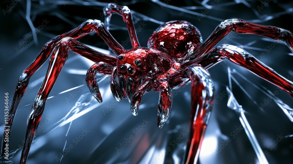 Poster a detailed close-up of a glass-like red spider with shiny textures and intricate reflections, set ag