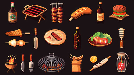 BBQ Party Icons: A vibrant collection of cartoon-style BBQ icons, including various grilled meats, cooking tools, sauces, and side dishes, perfect for menu design, restaurant branding.